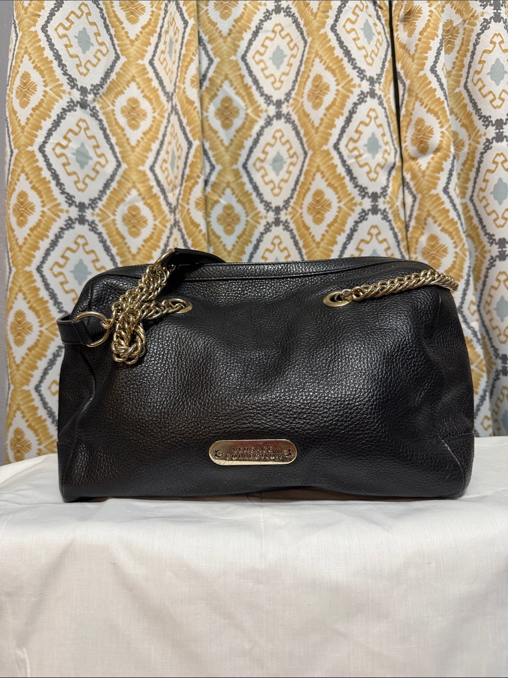 Versace Collection Black Leather Shoulder Satchel with Gold Chain Accents